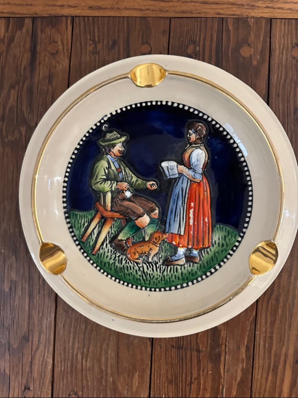 Hand-Painted, Decorative, mid-century, ashtray with German Country Scene